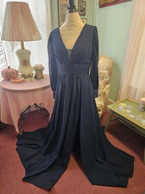 ​NWT Mashengyue Navy Blue Chiffon Formal Gown Puffy Sleeve Maxi Dress Slit 14